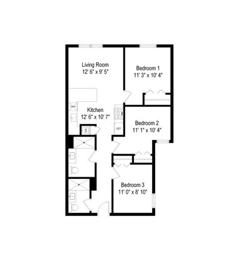 Floor plan for 3 beds, 2 baths